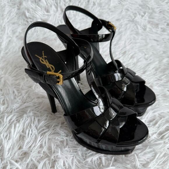 Saint Laurent Shoes - YSL Saint Laurent Black Patent Leather Tribute 105 Platform Sandals Size 37.5